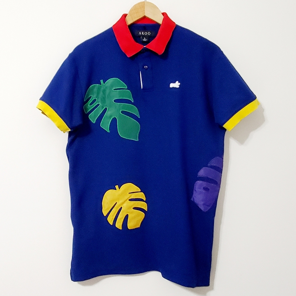 AKOO Cotton Pique Polo Shirt Blue Leaf Applique Mens Large